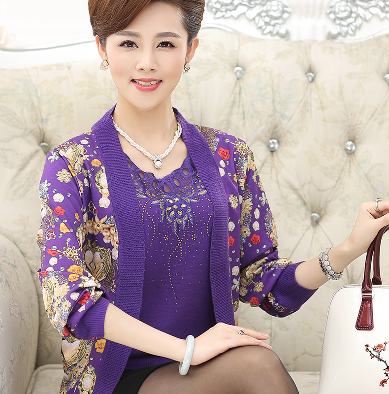 中老年女装2016新款妈妈装春装舒适宽松中年女士大码针织衫上衣真两件