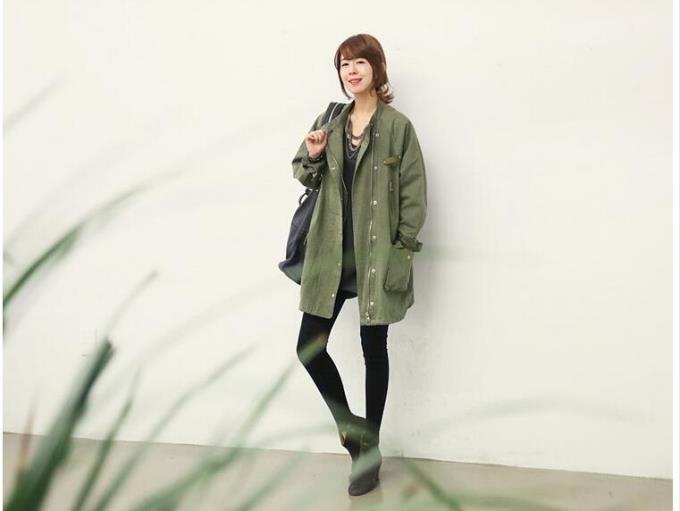 
                                        歌诺瑞丝风衣女中长款韩版宽松休闲军工装秋季新款 军绿色 XL                