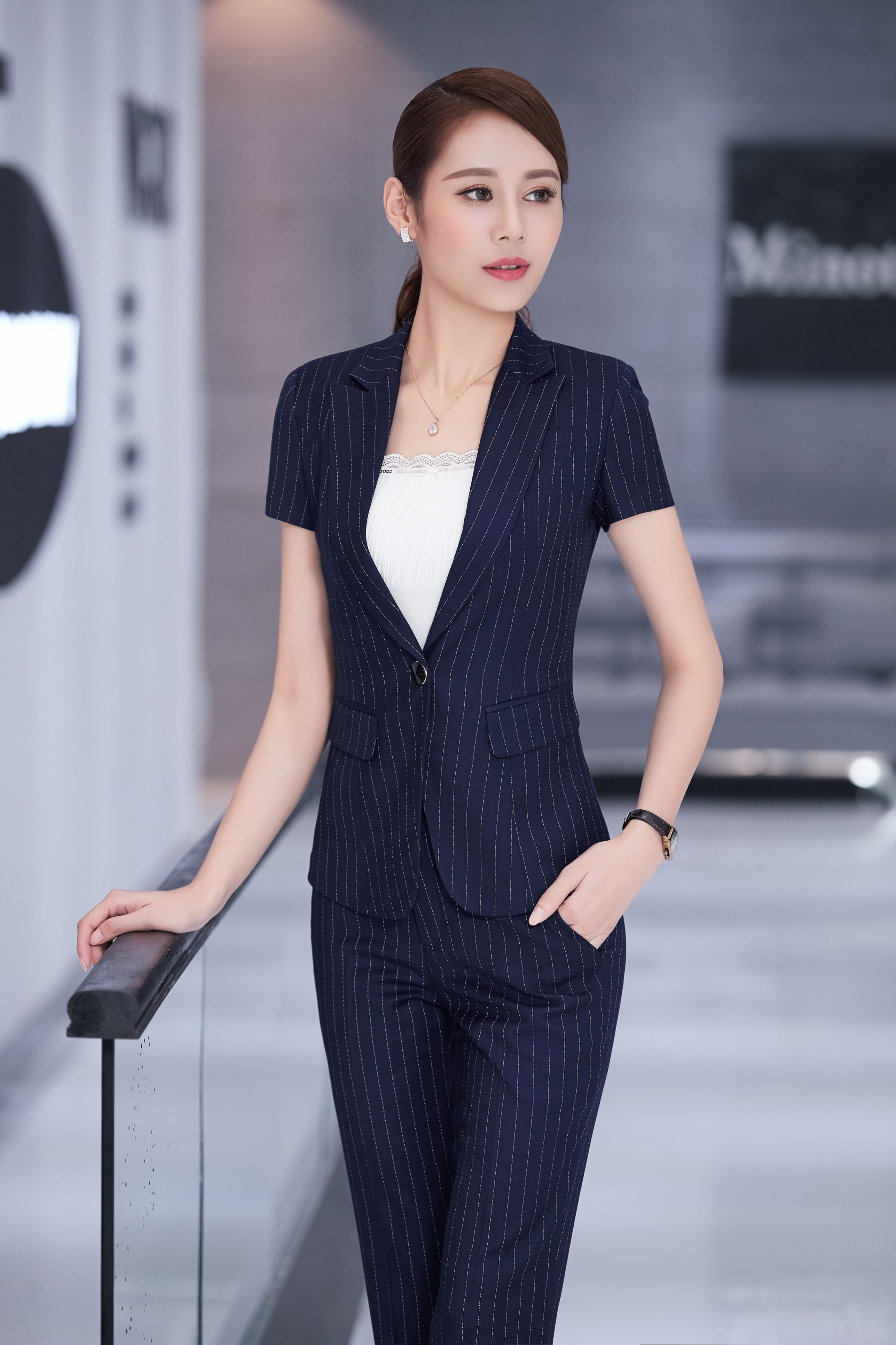 沫清雨小西装女职业装女装套装条纹ol通勤商务套装8820 灰条西装 裤