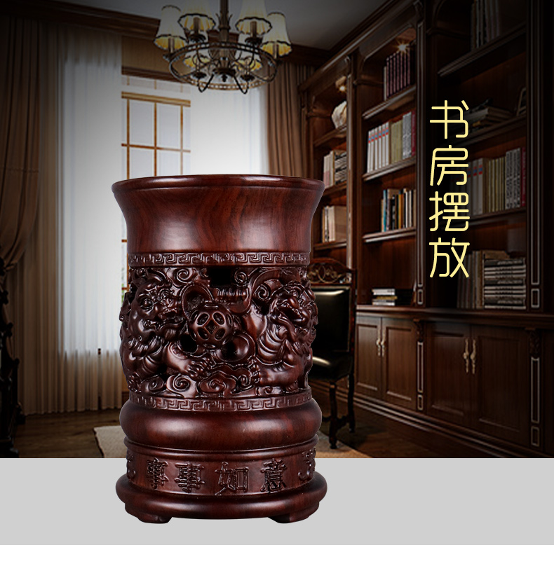 黑檀木雕笔筒办公摆件工艺品中式笔筒创意木质办公室装饰品摆设送领导