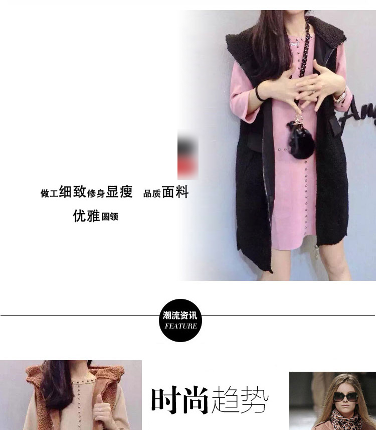 傲衣炫 2015新款秋冬韩版修身显瘦中长款仿羊羔毛绒无袖连帽背心马甲女外套 L3029 黑色 S