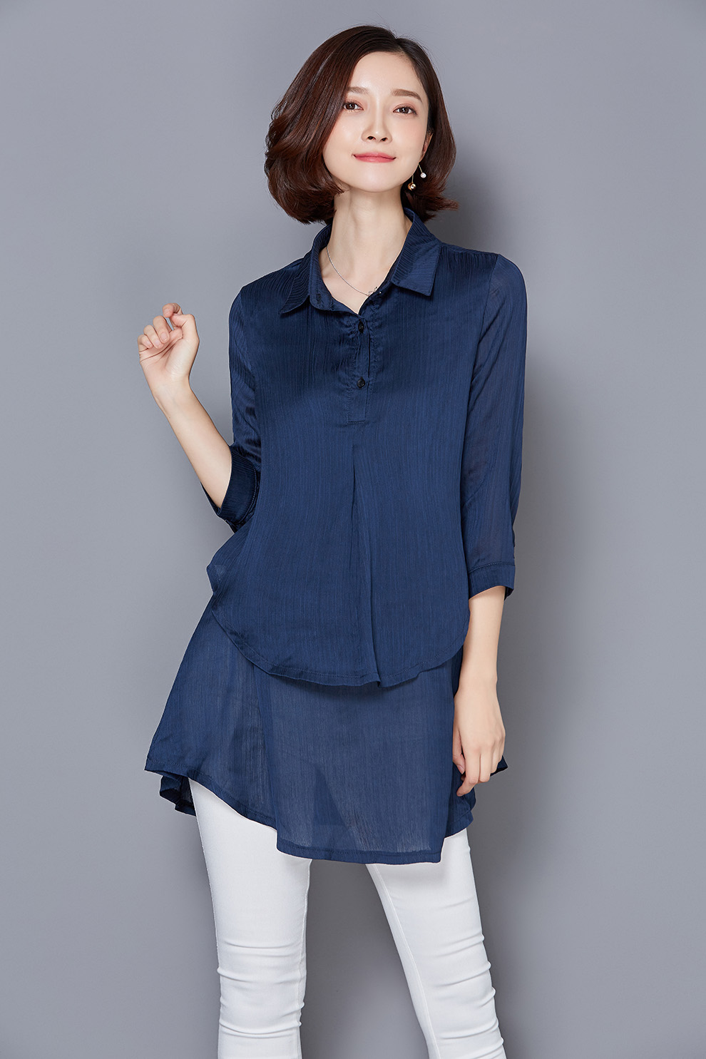 女装 打底衫 彪文 彪文 新款夏季韩版百搭时尚翻领七分袖中长款修身