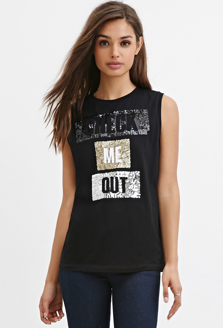 forever21 亮片字母宽松全棉无袖t恤 黑色/杂色 l