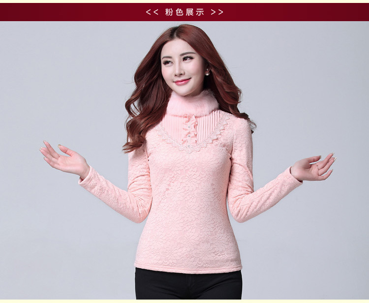 俏伊谷2016春装新款蝴蝶结气质显瘦衬衫女长袖蕾丝上衣打底衫雪纺衬衣 粉色 XL