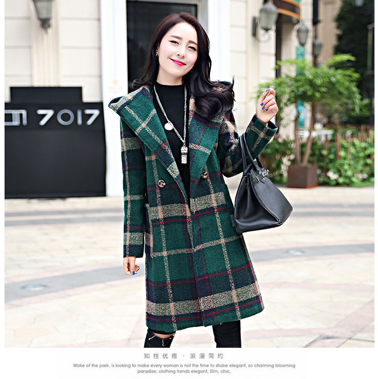 afacai毛呢外套 女装2015秋冬新品韩版修身中长款连帽格子呢子大衣女潮 A4808 红格 M
