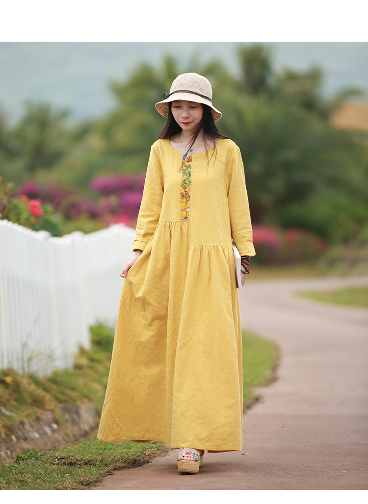 乱在江南文艺范棉麻长裙春秋纯色连衣裙长袖贴布简约舒适女装 黄色 m