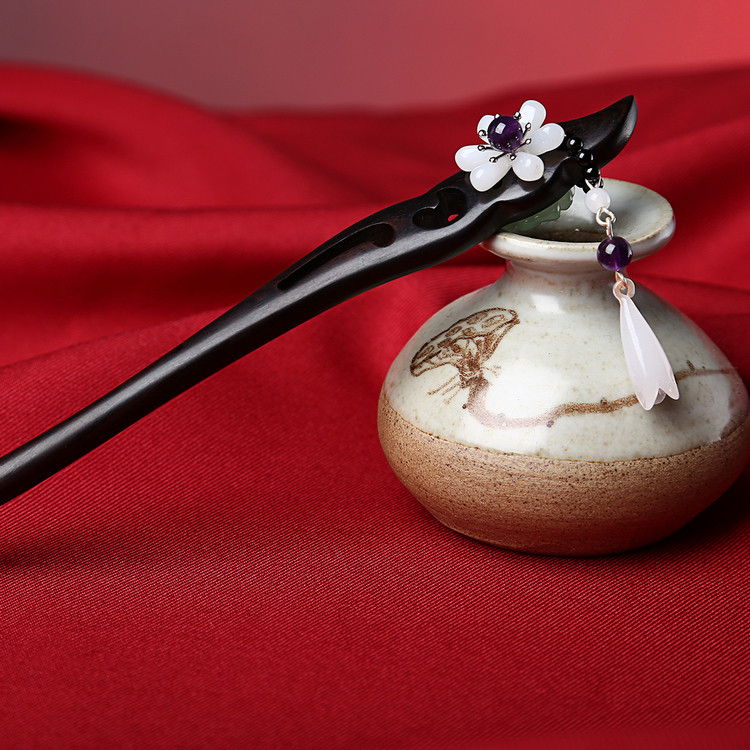 形象派 黑檀木发簪 步摇流苏木兰花簪子木发钗