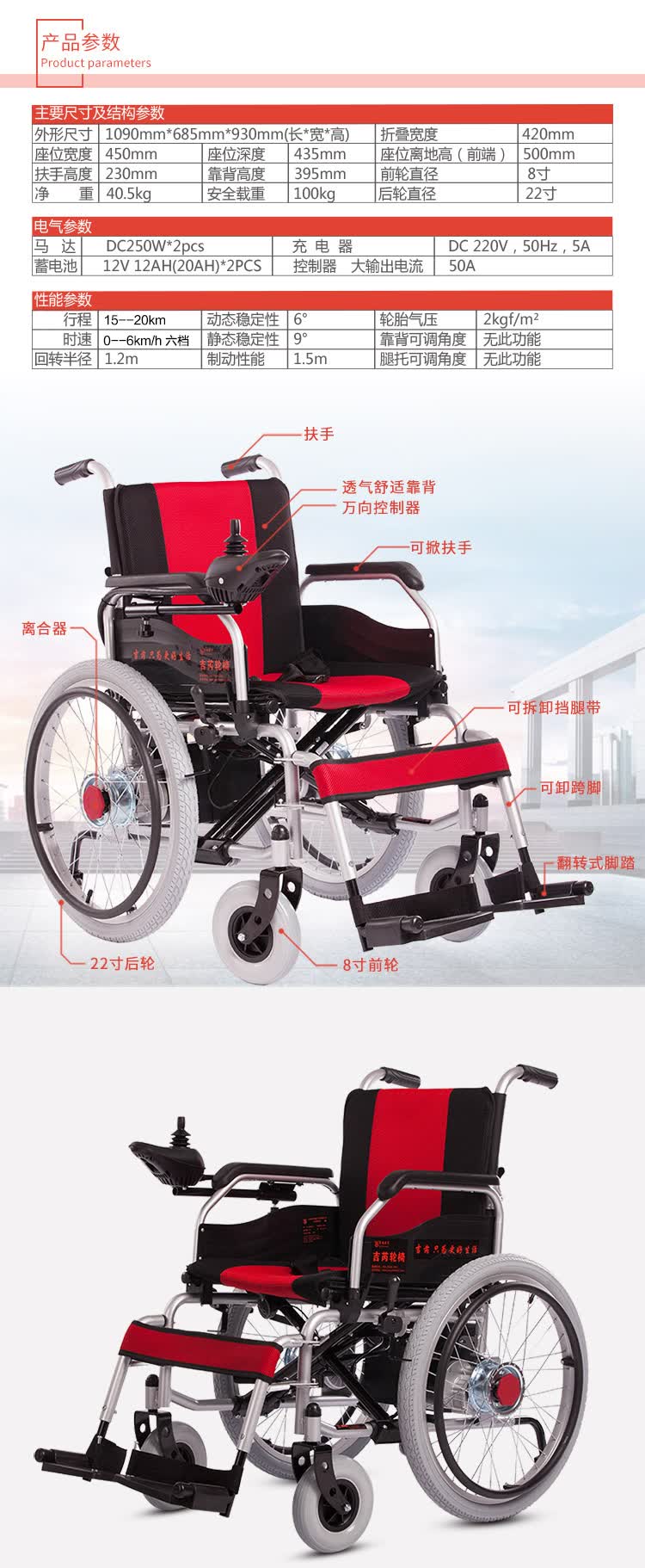 吉芮 电动轮椅车 老年人残疾人家用医用可折叠轻便骨折轮椅带坐便器带