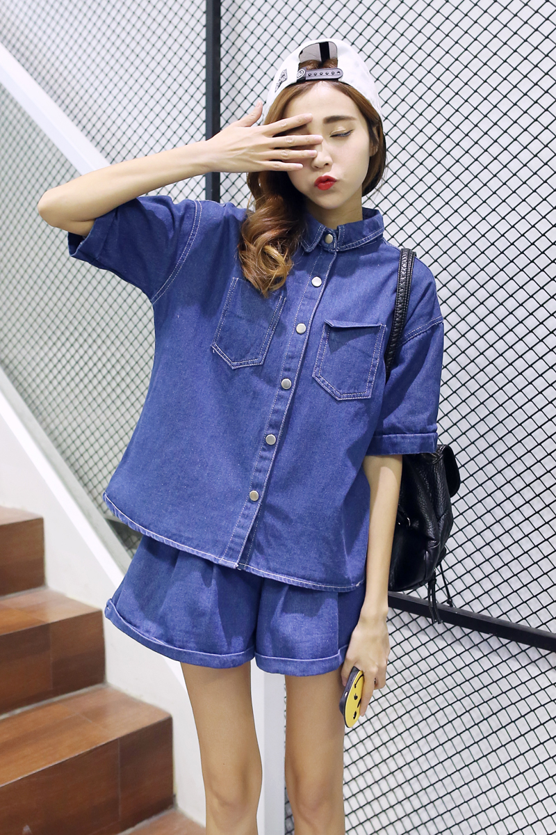 俪韵小屋 牛仔套装2016夏季新款女韩版学院风显瘦时尚牛仔衬衫短裤阔