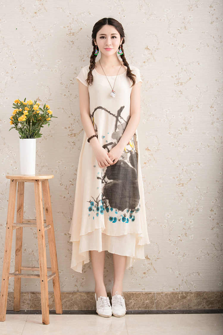 胧月丽妍夏装女装复古文艺范水墨印花民族风棉麻连衣裙长裙子hkb 紫红