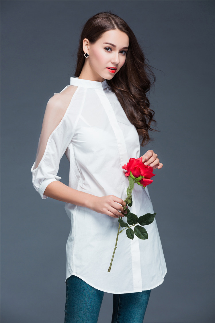 媚丽小妖 欧美2016秋季新款女装职业中袖个性钉珠肩膀拼接中长款个性衬衫女 白 色 L