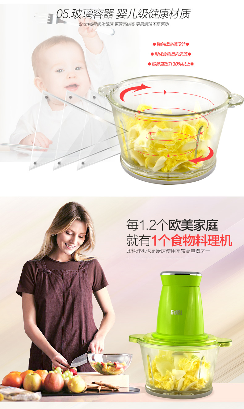 宜阁(edei)101G1碎肉机家用肉馅机 电动绞肉机 多功能玻璃粉碎机搅拌机铺食料理机