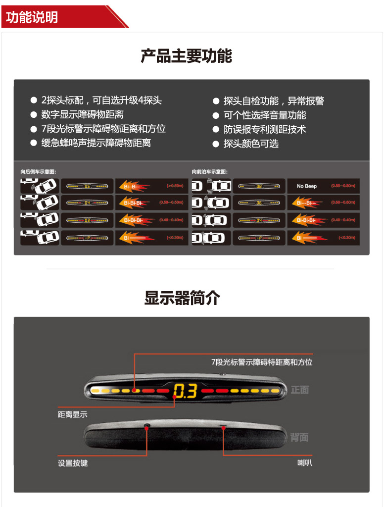 鐵將軍3108前置前車倒車雷達 汽車防擦角雷達 2探4探頭 七段光標數字