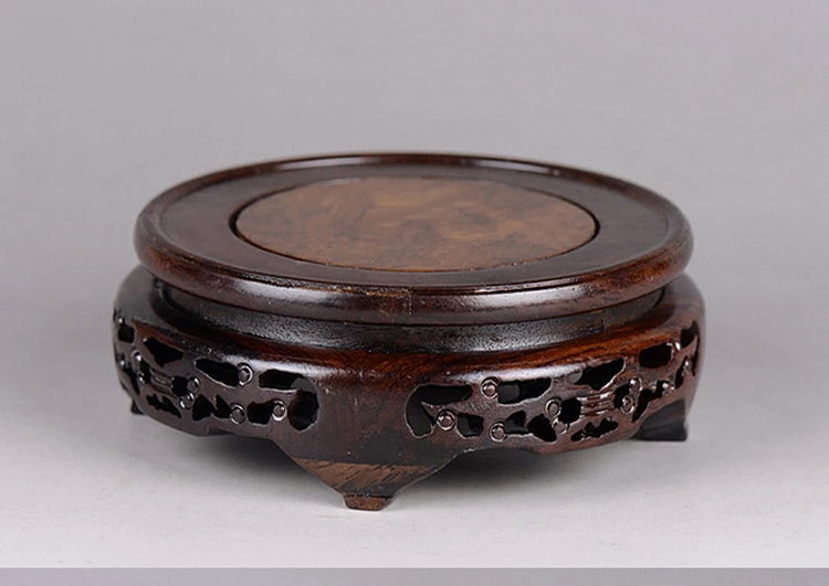 花瓶托底座木制花盆底座酸枝木镂空雕花圆形根雕手工花瓶花插底座28cm