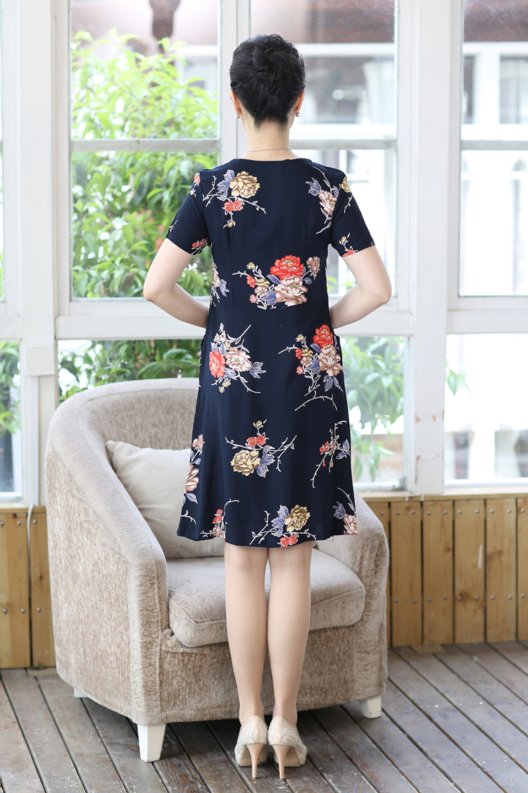 喜家婆 中老年女装夏短袖连衣裙中长裙妈妈装夏装全棉连衣裙 红花 xl
