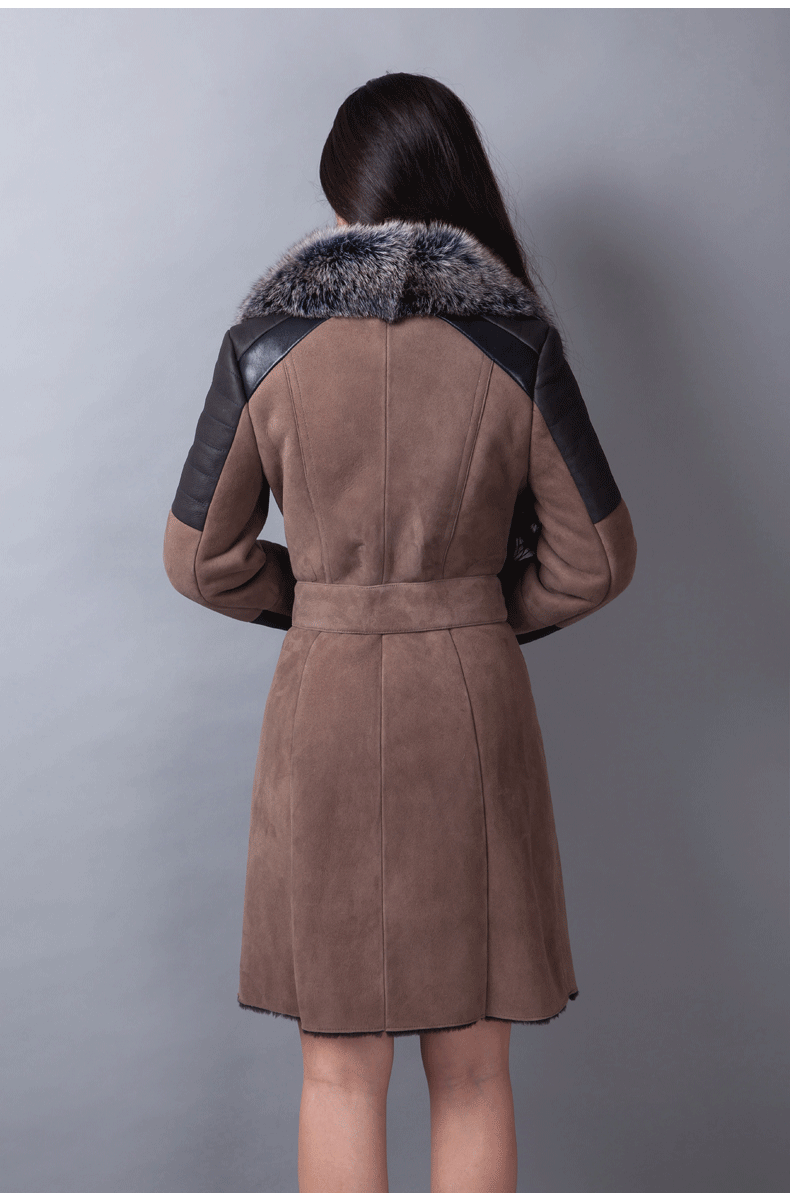 长款女士修身皮毛一体大衣绵羊皮毛狐狸毛领外套羊皮羊毛羊剪绒皮衣皮