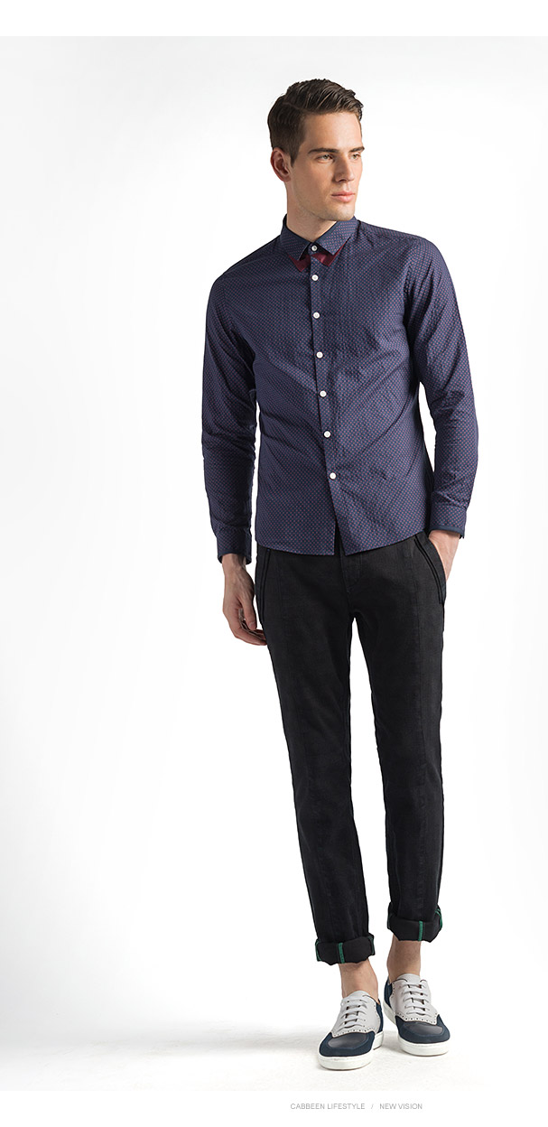 专柜新品卡宾cabbeen男装 纯棉方领时尚衬衫修身男长袖衬衫b