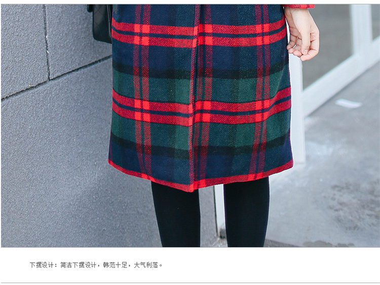 菲缇雅2015秋冬韩版毛呢外套女中长款宽松百搭格子呢子大衣 红绿格子 M