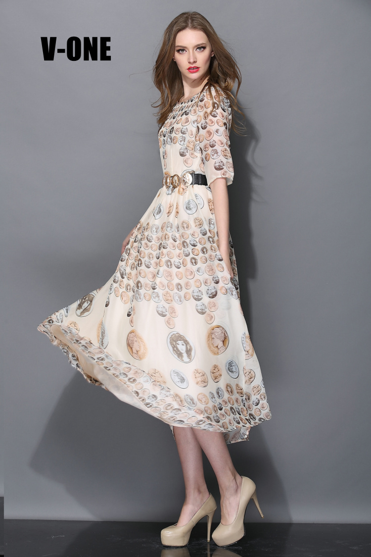 欧美高端大牌dg古希腊金币印花走秀款长裙连衣裙 图片色 s