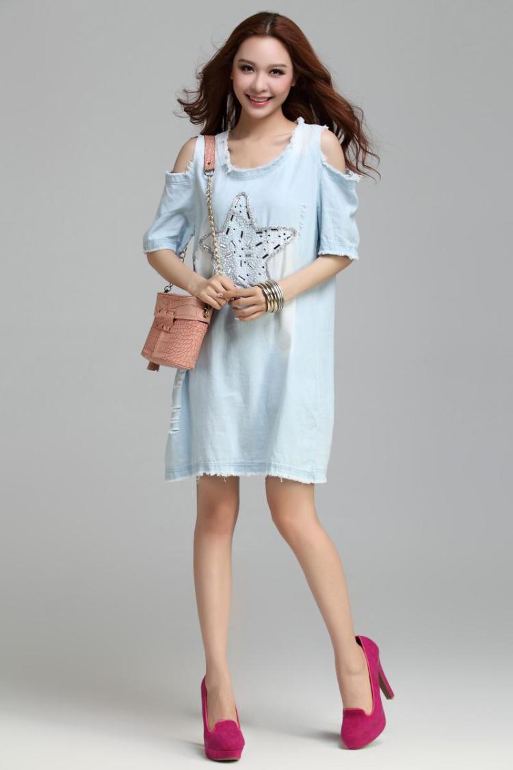 【阿美氏】sr7@225 牛仔短连衣裙女装/韩版宽松夏季短袖圆领/.