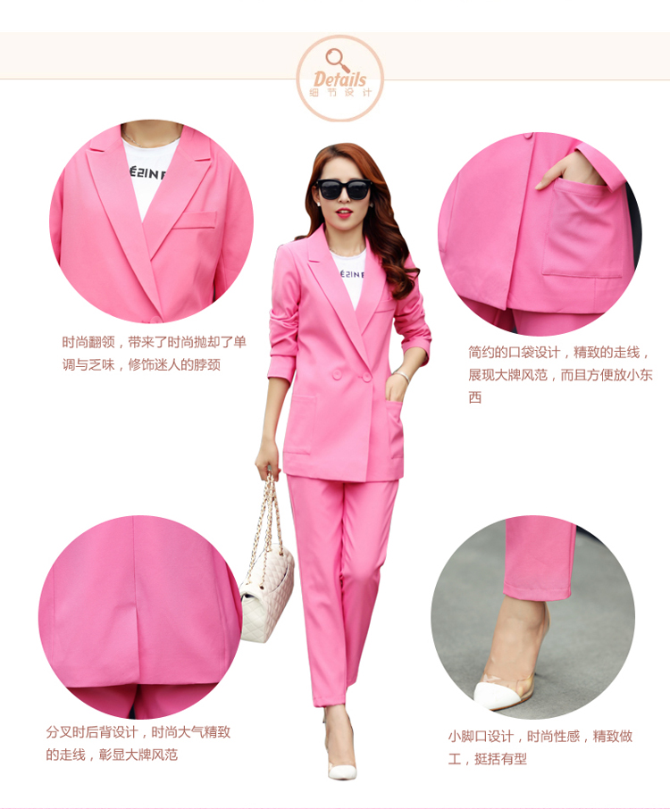 洛依诗 春秋装2015新品女装 韩版修身显瘦简约气质职业干练正装裤西装两件套 时尚休闲女装 玫粉色 XL