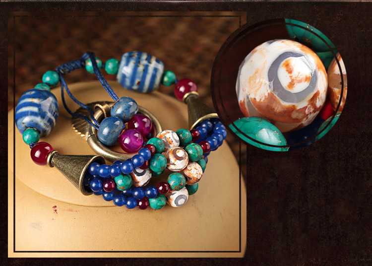 意恋 民族风手链多层陶瓷天珠玛瑙手串配饰品女 礼物