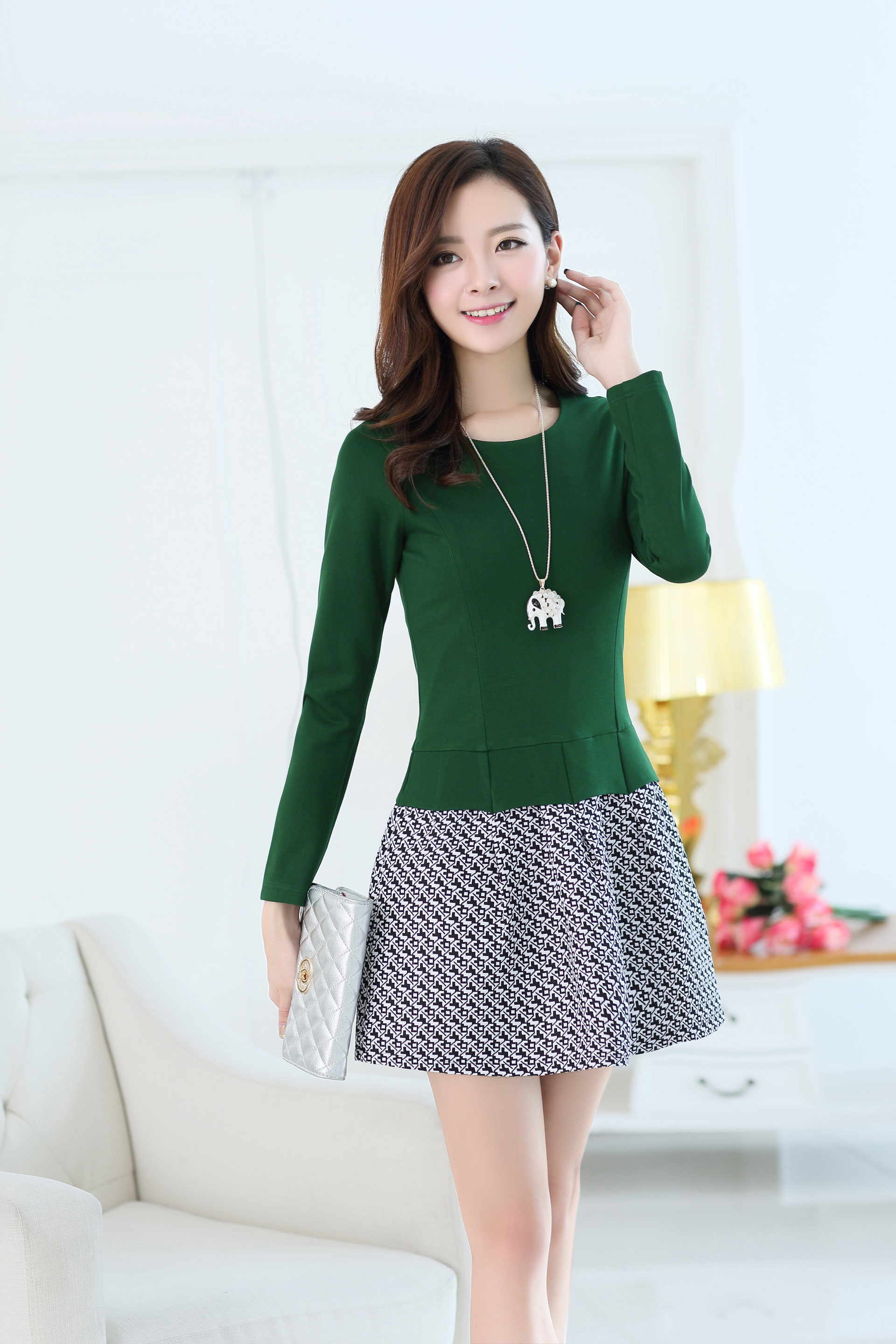 思情姿2016春秋女装韩版新款蕾丝连衣裙时尚花边拼接套头修身百搭长袖