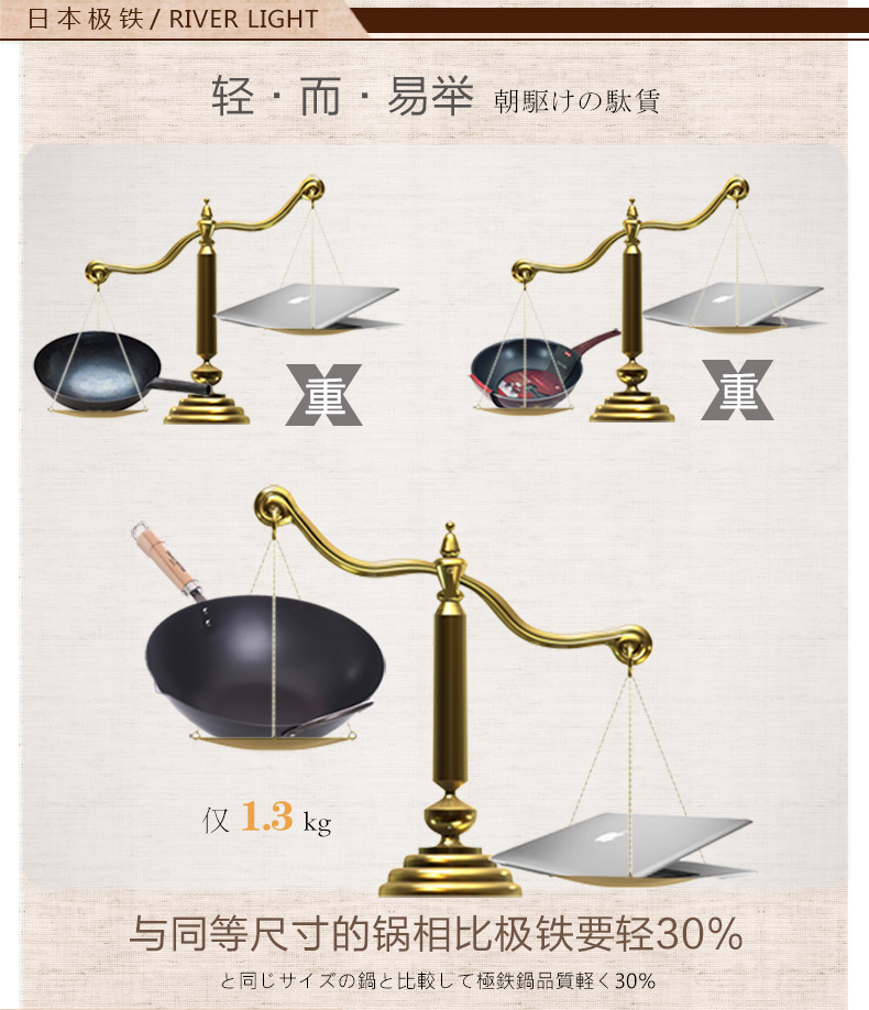 极（RIVER LIGHT）铁锅炒锅 高纯铁不粘锅 无涂层 日本原装进口 30cm北京锅
