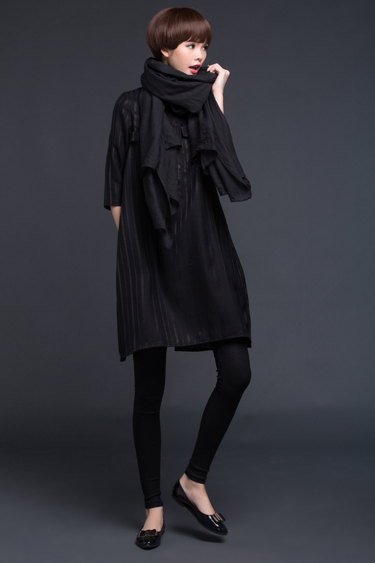 阿玛施款 2016春季新款女装大码宽松条纹拼接中长款连衣裙 黑色条纹 l