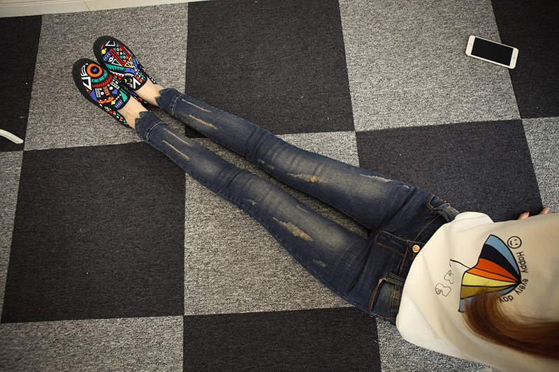 海暖韩版磨破牛仔裤女长裤修身显瘦翻边女式铅笔裤小脚裤 蓝色 29码