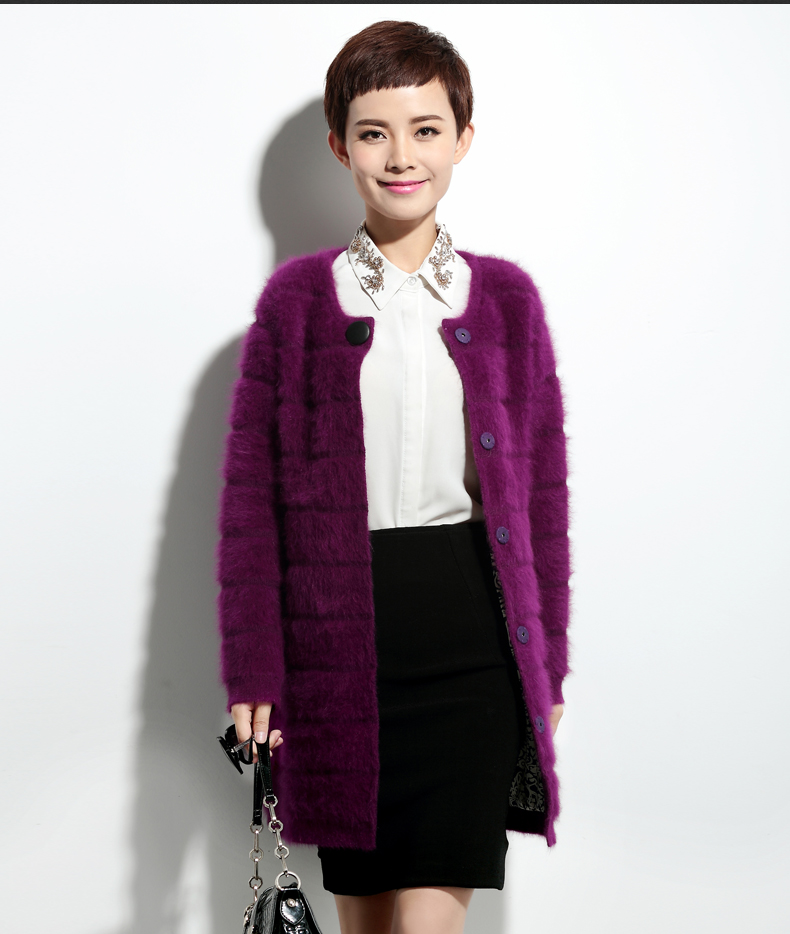 
                                        绒歆坊 秋冬款兔毛衫女中长款兔毛绒大衣开衫女兔毛外套 紫罗兰 XL                
