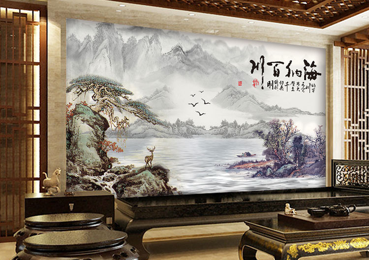 现代中式客厅电视背景墙壁纸山水风景墙纸办公室壁画墙布海纳百川