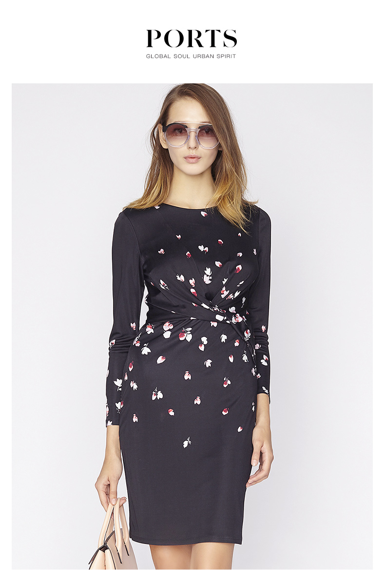 ports宝姿 春季新款女装褶裥七分袖连衣裙la8n005fce010 black print
