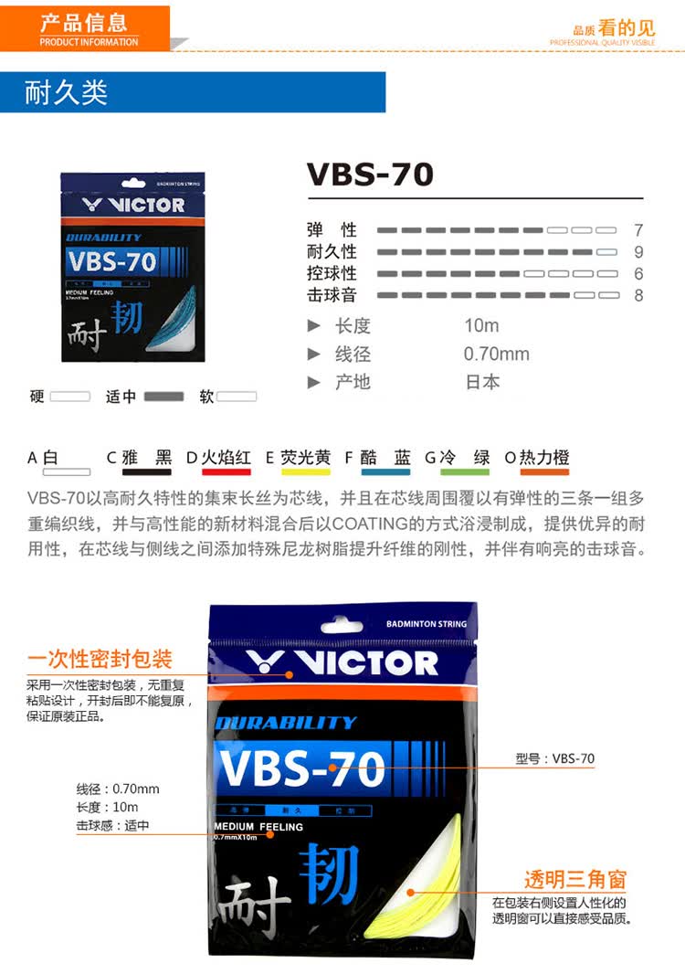胜利vbs70羽毛球拍线新型强韧耐打羽毛球线vbs68控攻线随机色