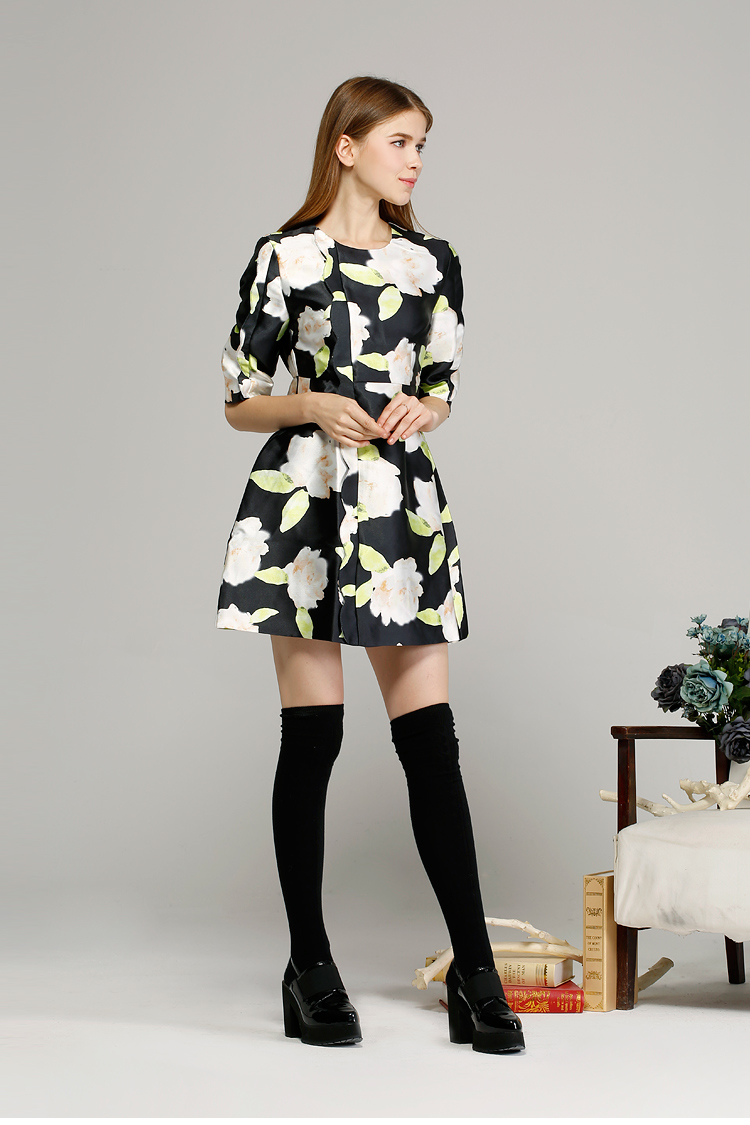 chartres原创中袖圆领大花高腰连衣裙 2015秋冬新品女装q433 黑色 s