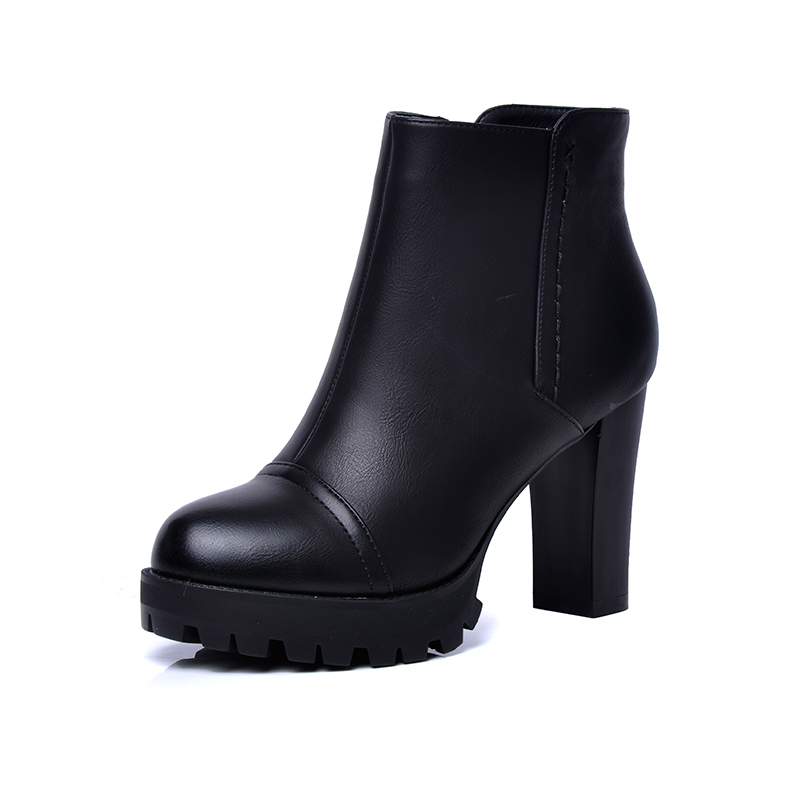 麦高短靴女 2015秋冬新款女鞋粗跟高跟女靴 圆头防水台单靴 65816278