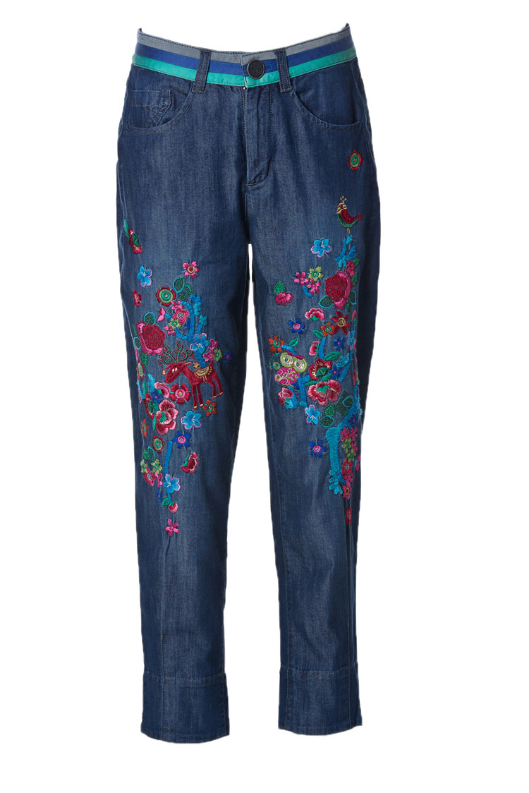 渔牌 民族风绣花牛仔裤女九分裤子哈伦裤小脚裤秋装商场同款 深蓝 l