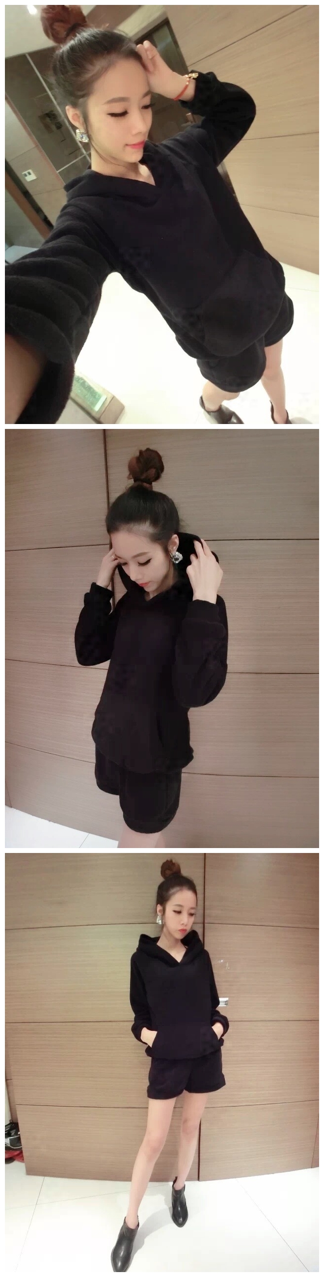 彼爱诗2016新款春秋装外套女短款 韩版可爱加厚毛毛保暖连帽卫衣外套上衣+短裤两件套装 黑色 均码