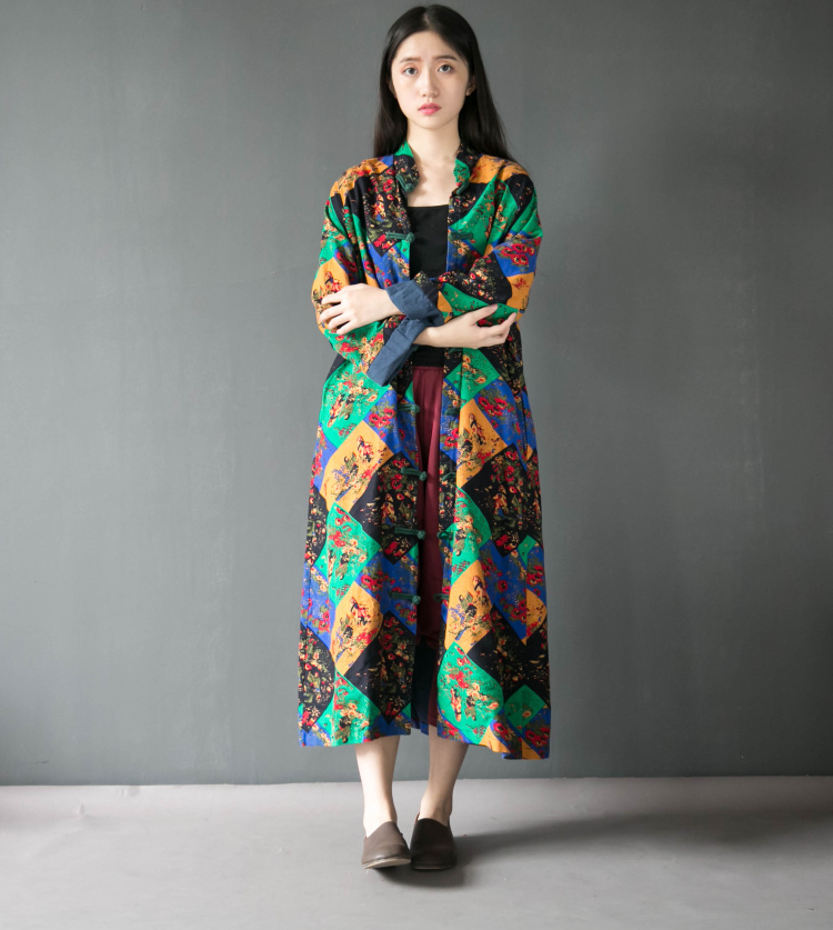 
                                        如素慢衣民族风棉麻女装印花盘扣长款风衣女大衣外套4308 菱形红色 均码                