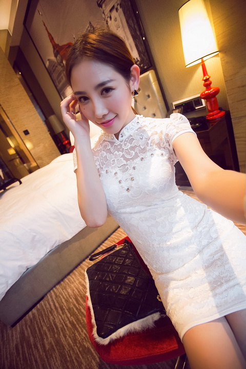 华富妮2016夏装韩版装性感旗袍蕾丝修身显瘦短袖连衣裙d4 白色 m