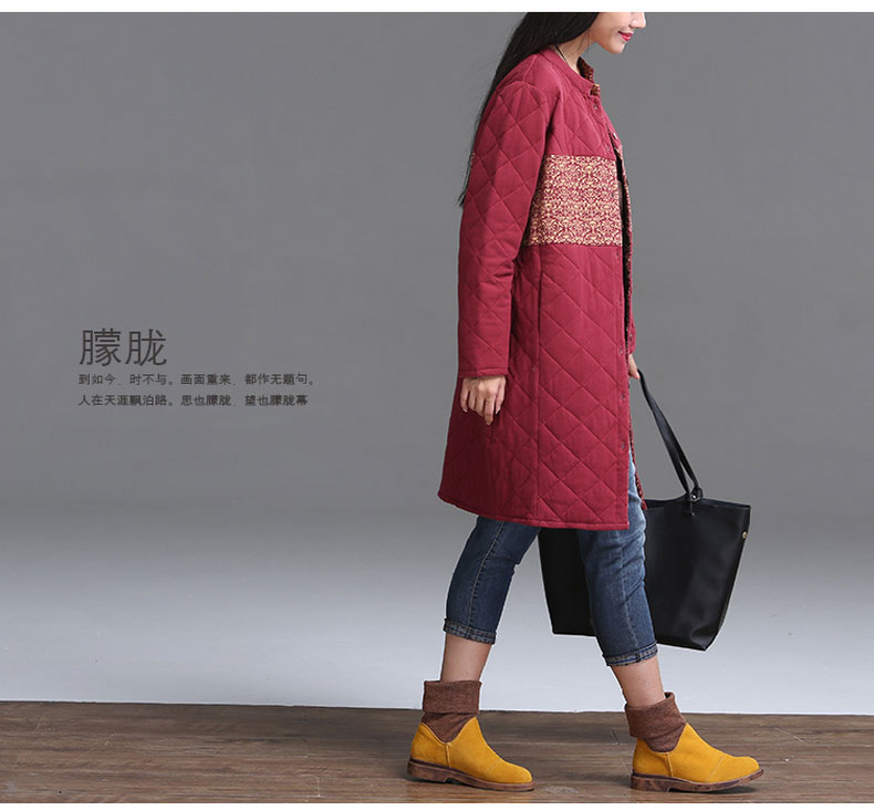 璞衣 2016秋秋季新品大码女装 夹棉加厚立领衬衣中长款长袖棉麻衬衫外套上衣 藏青色 M
