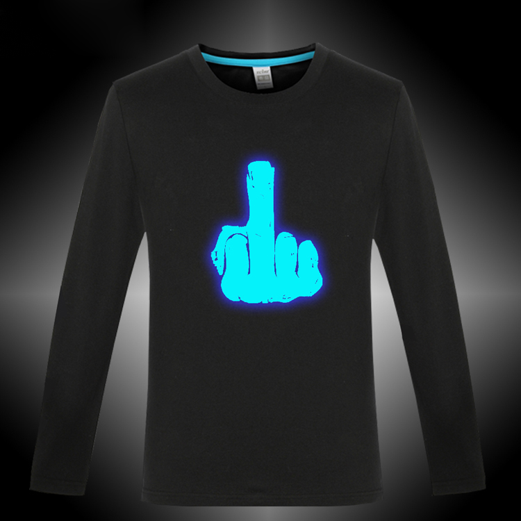 物语 夜光圆领棉t恤男 搞怪个性男士潮流长袖发光夜跑打底衫 5-9中指