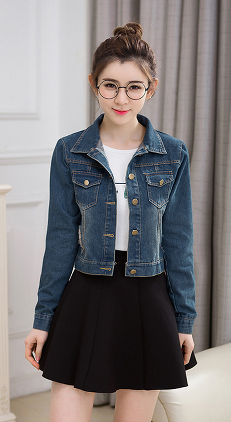 诺莱姿2016新款春季韩版百搭牛仔外套女牛仔衫开衫101 深蓝色 l