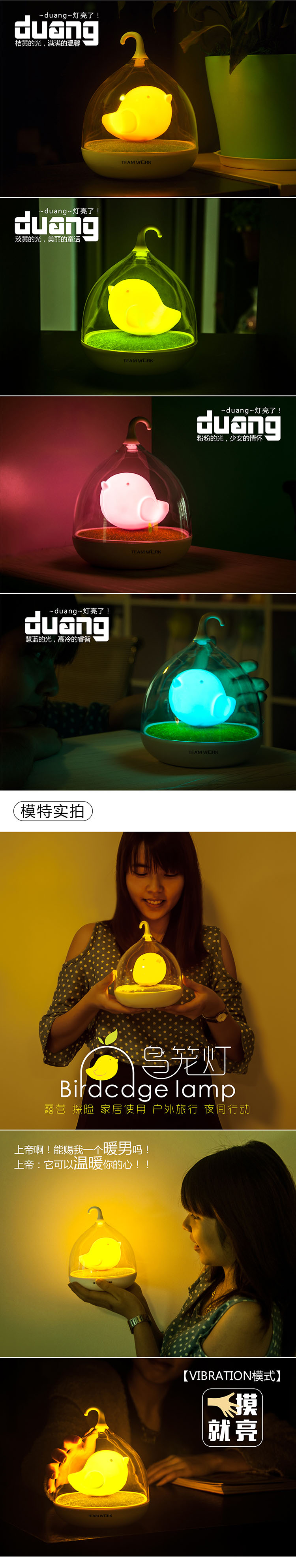 ZOEDUR 创意小鸟型鸟笼灯 随手灯 可充电 触碰可调节 LED节能灯 方便携带 爱心鸟