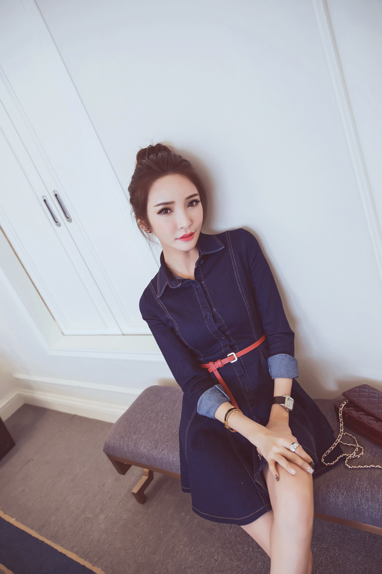 女装 连衣裙 倾慕女装 倾慕 牛仔长袖连衣裙夏2016春季新款女装韩版a