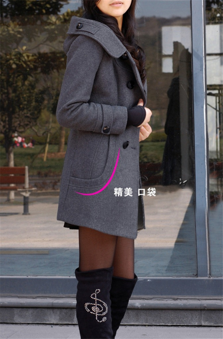 
                                        安依莲毛呢大衣女 韩版女装冬季新款双排口大码中长款加厚连帽外套 灰色普通款 L                