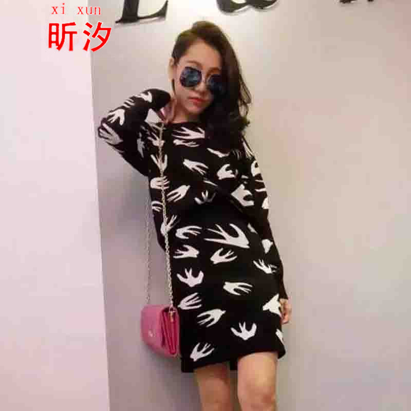 昕汐  &2015秋冬新款燕子图案针织上衣 包裙 套装3057# 红色 均码