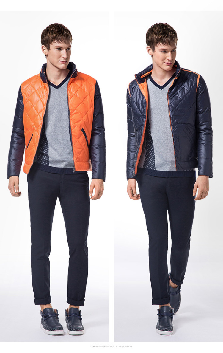 卡宾cabbeen 秋冬新款 男士立领两面穿拼接羽绒外套服潮b/3143141010