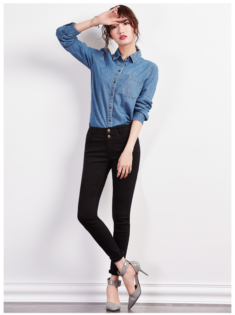 琼斯维格牛仔衬衫女宽松显瘦长袖外套牛仔衬衣 浅蓝色 XL