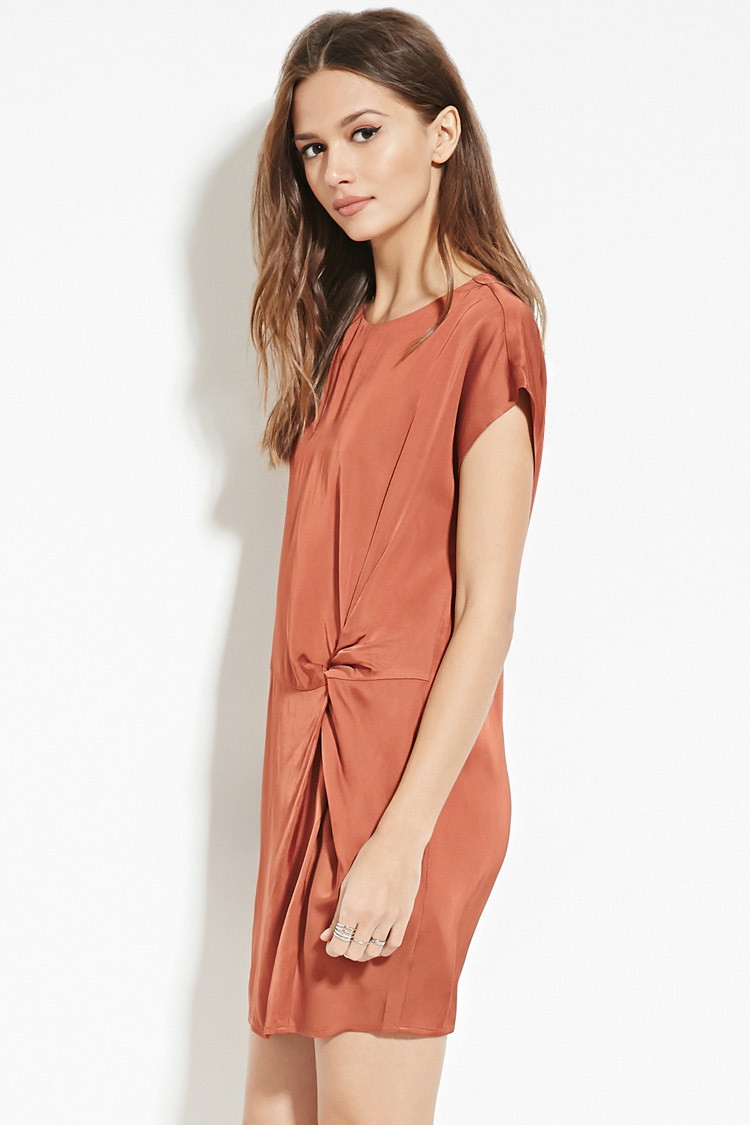 [forever21 contemporary]光泽打结直筒短袖连衣裙 琥珀色 xs